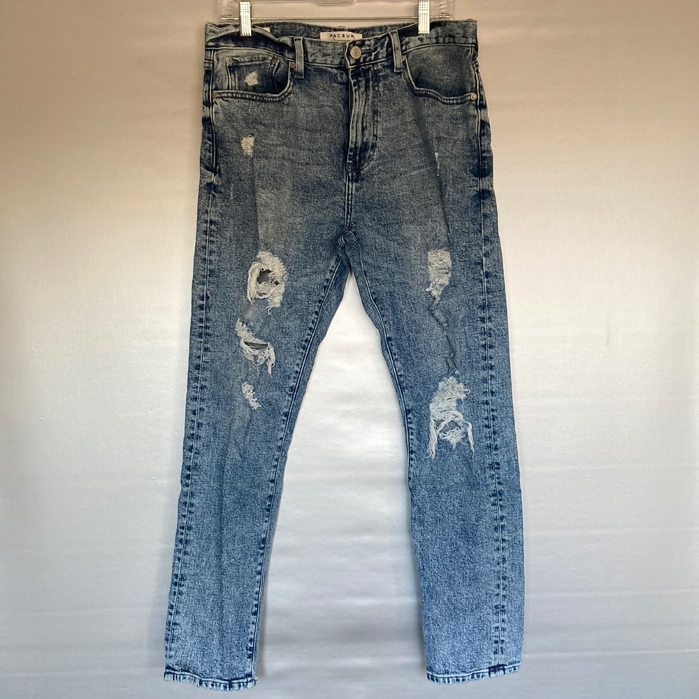 Men’s PacSun Medium Indigo Acid Destroyed Slim Taper Jeans Size 32x32